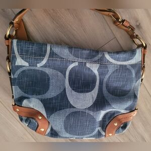 Coach Signature C Shoulder Handbag Fabric Blue With Brown Leather Strap.